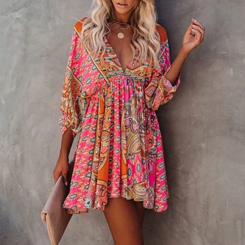Womens Boho Floral Mini Dress Ladies Summer V Neck Holiday Beach Swing Sundress - Picture 8 of 15