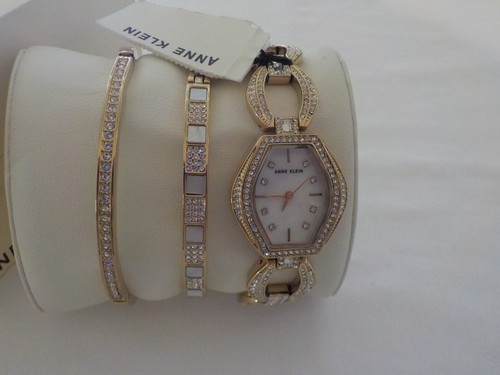 Anne Klein Women's Gold Tone Premium Crystal & MOP Watch &2 Bracelets Set AK4020 - Picture 1 of 7