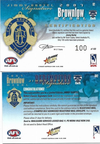 2008 Select Classic Brownlow Medal Signature (S2) Jimmy BARTLEL Geelong 100/100 - Picture 2 of 2