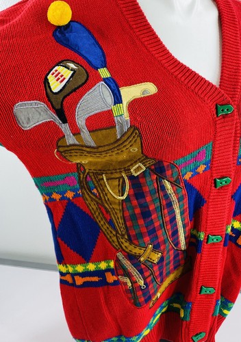 Vtg 80’s Lizi Ruch Golf Cardigan Sweater Red Sz M Birdie Caddy Caddyshack Ugly - Picture 7 of 9