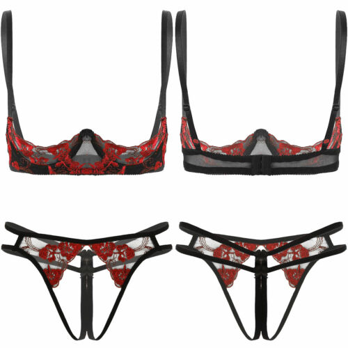 Damen Dessous Set Stickerei Spitze BH Bra Büstenhebe und Ouvert String Tanga - Bild 4 von 19