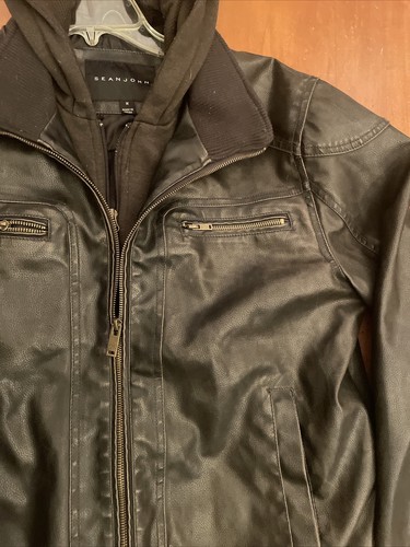 SEAN JOHN Faux Leather Bomber Jacket W/ Removable Zip Out Hoodie Mens Size M - Picture 6 of 23