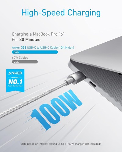 Anker USB C to C Cable, Type-C Charging Cord Fast 10FT, Silver - Picture 2 of 7