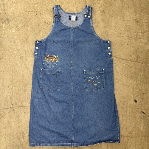 Vintage Noahs Ark Womens 2X Denim Jumper Midi Dress Embroidered Button