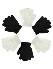 6 Pairs Kids Gloves Full Fingers Knitted Toddler 3 - 7 Years Size Black, White
