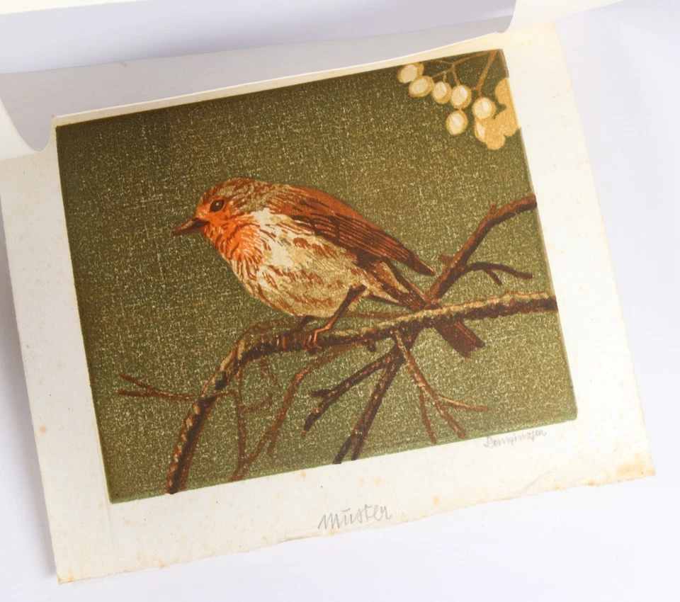 RUDOLF LANZINGER ~ Rotkehlchen Vogel Holzschnitt signiert Südtirol woodcut - Bild 3 von 4