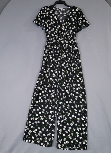 Women's Floral Jumpsuit Romper Belted Short Sleeve Wide Leg Multicolor Size M