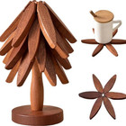 Wooden Christmas Tree Trivet Set Natural Hardwood Coasters With Leaf Texture
