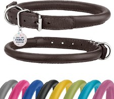 Rolled Leather Dog Collar Soft Round Collars, ID Tag for Small Medium Large Dogs