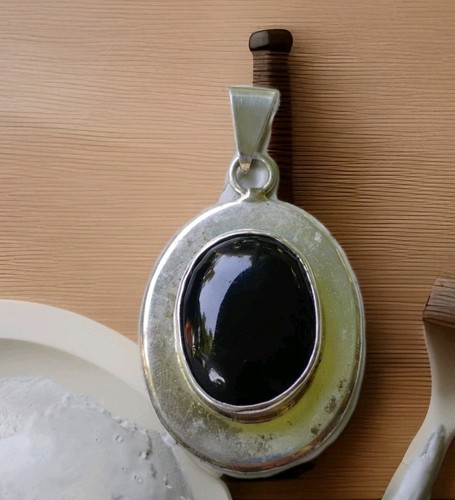 Vintage Sterling Silber 925 großer ovaler schwarzer Onyx Mexiko Anhänger
