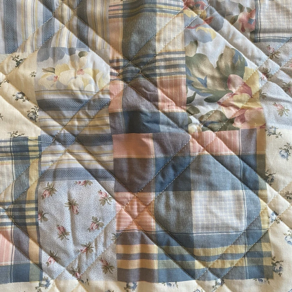 SET Of 2 Standard Pillow Shams Floral Quilted Plaid Blue Pink Ivory Cream 20x26 - Image 3 of 4