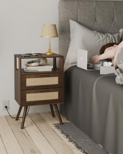 Rattan Nightstand with Charging Station,Modern Bedside Table with 2 Storage D... - Picture 7 of 7