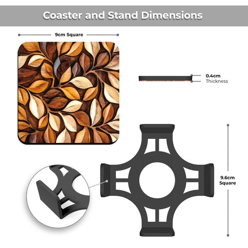 Gutsy 3D Wooden Effect Coasters Set of 6 Round & Square with Holder - Cork Base - Picture 63 of 170