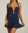 Mini robe bleue Oh Polly Phaedra embellie Halterneck A-line - taille UK 10 BNWT