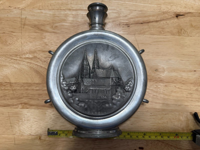 Vintage Pewter Flask Germany Etain Rustic City Scene Decorative Bottle SIGG