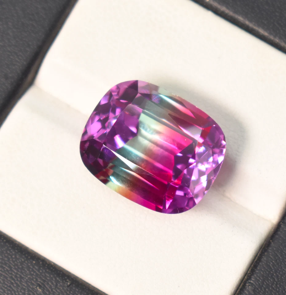 实验室三色紫色绿色粉红色碧玺气垫宝石 16X13 毫米完美无瑕 — 第 3/4 张图片