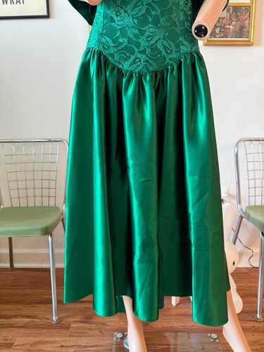 💚 Vtg 80s Green Satin Backless Puff Sleeve High Low Prom Drama Dress XL XXL - Picture 3 of 8