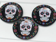 Day of The Dead Lot of 3 Sugar Skull Colorful Floral Melamine Appetizer Plates