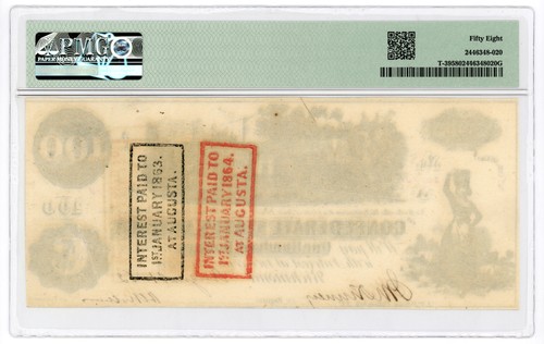 1862 T-39 $100 The Confederate States of America Note - CIVIL WAR Era PMG AU 58 - Picture 2 of 2