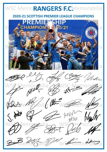 12852. 2020-21 Glasgow Rangers Signed Team Photo Sheet PRINTED AUTOS A4 SPL Win