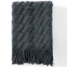 Fluffy Knitted Fringe Dark Grey Throw Blanket 50x60" Lightweight Cozy