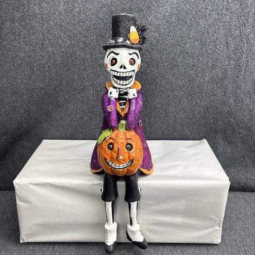 Halloween Skeleton W/ Jack O Lantern Shelf Sitter Day Of The Dead Decor Glitter