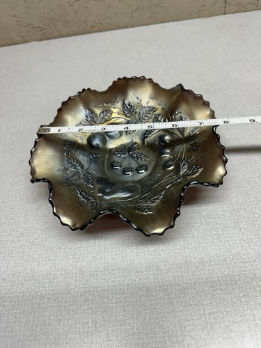 Antiguo Northwood Tres Frutas Amatista Carnaval Vidrio Volantes Cuenco Tejido de Cesta - Imagen 13 de 15