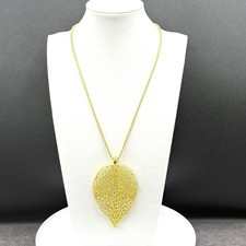 VTG Gold Leaf Filigree Pendant Necklace Boho Statement Chain Y2K Style