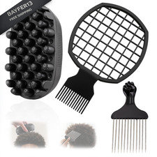 FOWSRHRG 3 Pack Silicone Curling Hair Brush Metal Afro Handheld size, Black