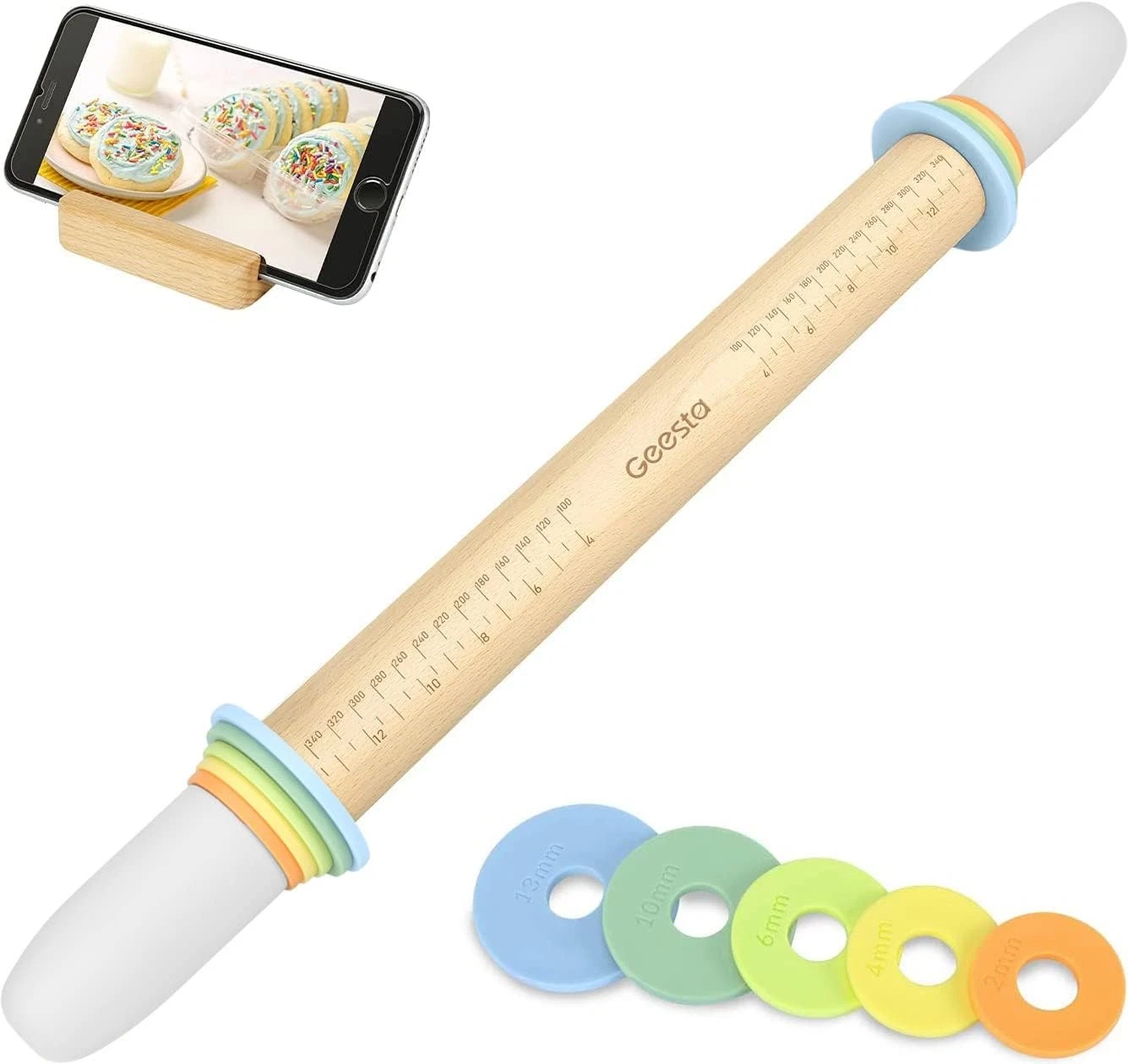 Geesta Adjustable Wood Rolling Pin with 5 Thickness Rings, Precise Multicolor