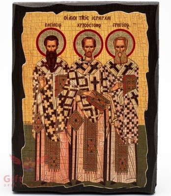 Wooden Icon Saint Gregory of Nazianzus Basil of Caesarea John Chrysostom 5''x6.5''