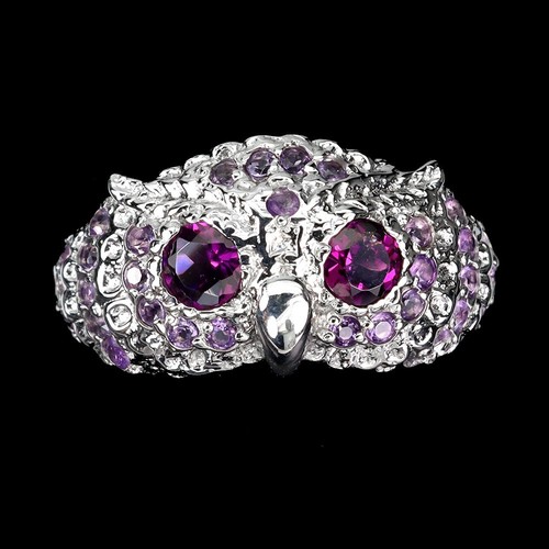 925 Sterling Silver Ring Round Rhodolite 4mm Amethyst Gemstone Owl Jewelry Sz 9