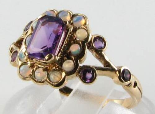9CT 9K GOLD EMERALD CUT AMETHYST & OPAL CLUSTER COCKTAIL RING FREE RESIZE - 第 2/5 張圖片