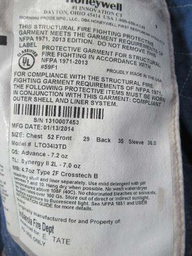 Mfg 2014 MORNING PRIDE 52 x 29/35 x 36  Firefighter Turnout Bunker COAT JACKET - Picture 9 of 15