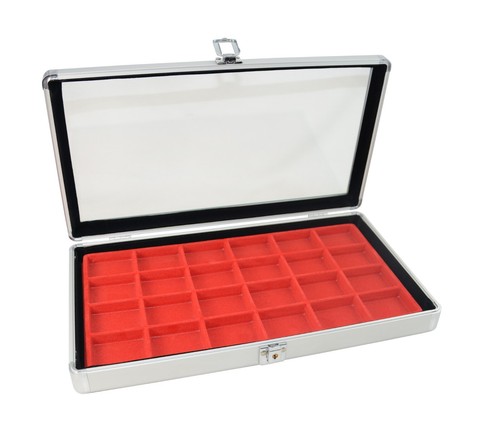 Display Aluminium Case Glass Lid With Choice Of Red Flocked Compartment Insert - Picture 29 of 40