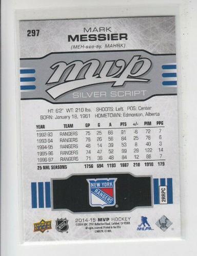 14/15 UD MVP New York Rangers Mark Messier Silver Script card #297 - SP - Picture 2 of 2