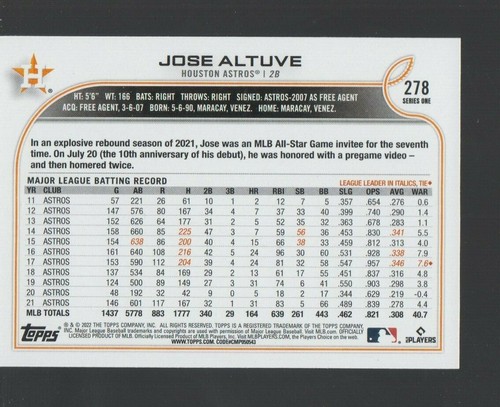 Jose Altuve Team: Houston Astros 2022 Topps #278 - Picture 2 of 2