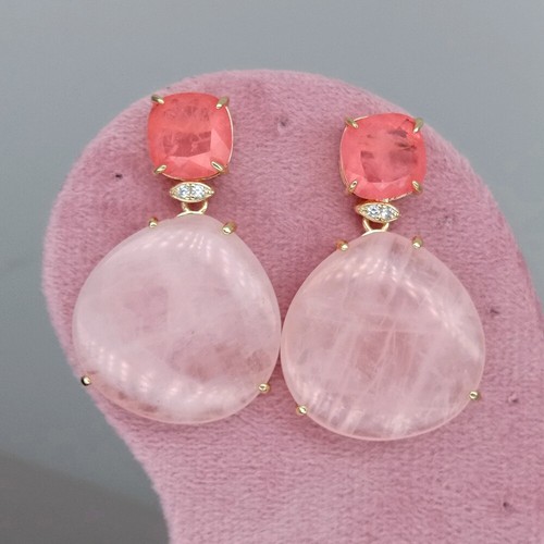 Real Rose Quartz Stones Stud Pink Crystal Earrings Jewelry Gift - Picture 4 of 6