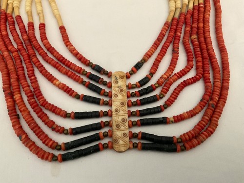 Vintage Handarbeit Koralle Onyx Creme Perlen Multi Strang Latz Halskette Boho Native - Bild 9 von 18