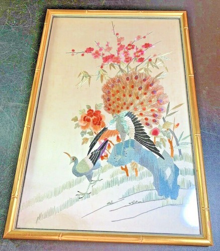 Chinese Silk Embroidered Peacock Flowers Asian Framed Picture 21" x 14" Vintage