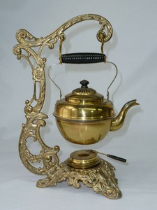 Antique-Late-1800-039-s-Tea-Pot-w-Warmer-on-a-Cast-Iron-Stand-by-Bradley-amp-Hubbard