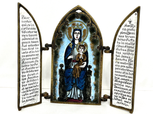 Rare Vintage Piechaud Enameled Bronze Religious Triptych Madonna & Child Signed - Picture 1 of 9