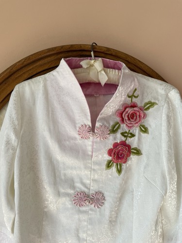Handmade White Silky Poly Floral Embroidery Frog Snap Closure Asian Jacket Sm - Picture 3 of 7
