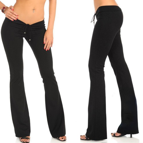 Ladies Flared Pant Trousers Bell Bottom Elastic Slim Fitted Sexy Low Waist Black - Bild 11 von 12
