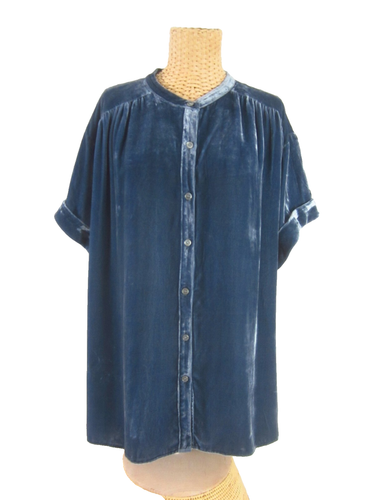 Chemise femme Sundance XL bleu acier manches courtes velours froncé rayonne soie