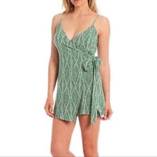 gianni bini green ivory/ fern print wrap romper SZ M
