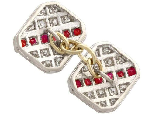 Amazing Princess Cut Red Ruby & Round White Stone Men's Special Cufflinks - Picture 3 of 6