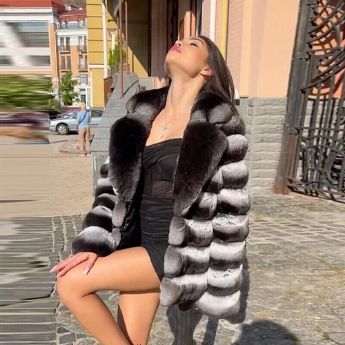 2025 Chinchilla Mujer Real Rex Abrigo de Piel de Conejo Lujo Grueso Chaquetas Abrigos - Imagen 5 de 7