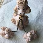 Vintage Mcm Kitschy 3 Poodles Mom Pups Pink Retro On Chain Nice!