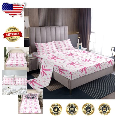 Charming Pink Bow and Hearts Full Size Bed Sheet Set - 500 Thread Count Comfort